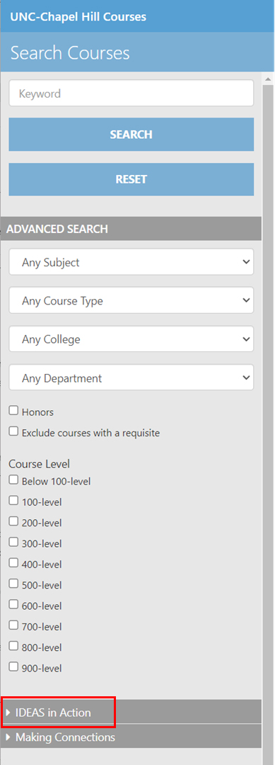 Course Search tool on the UNC Catalog site highlighting IDEAs in Action at the bottom